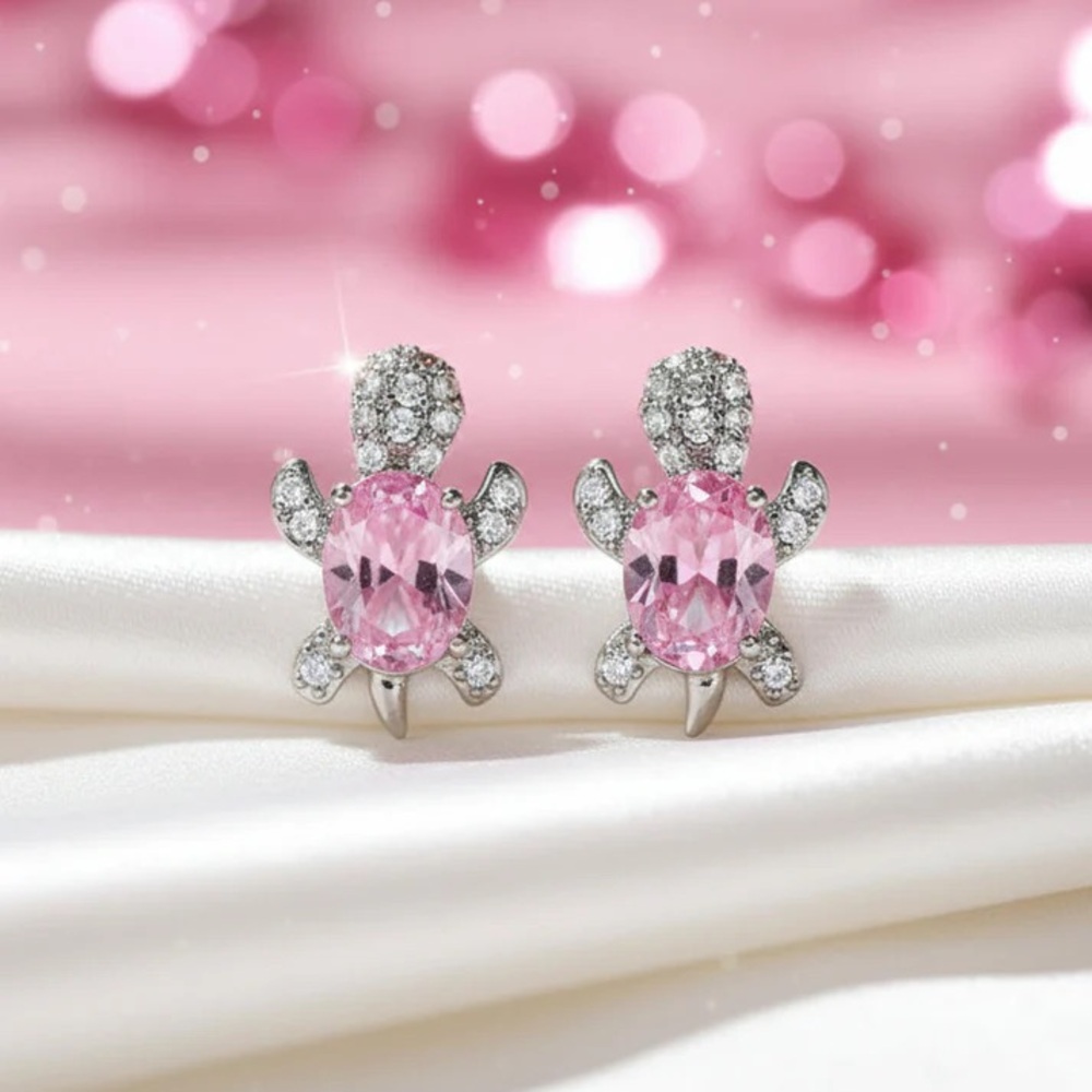 Pink Crystal Turtle Stud Earrings - Women Jewelry